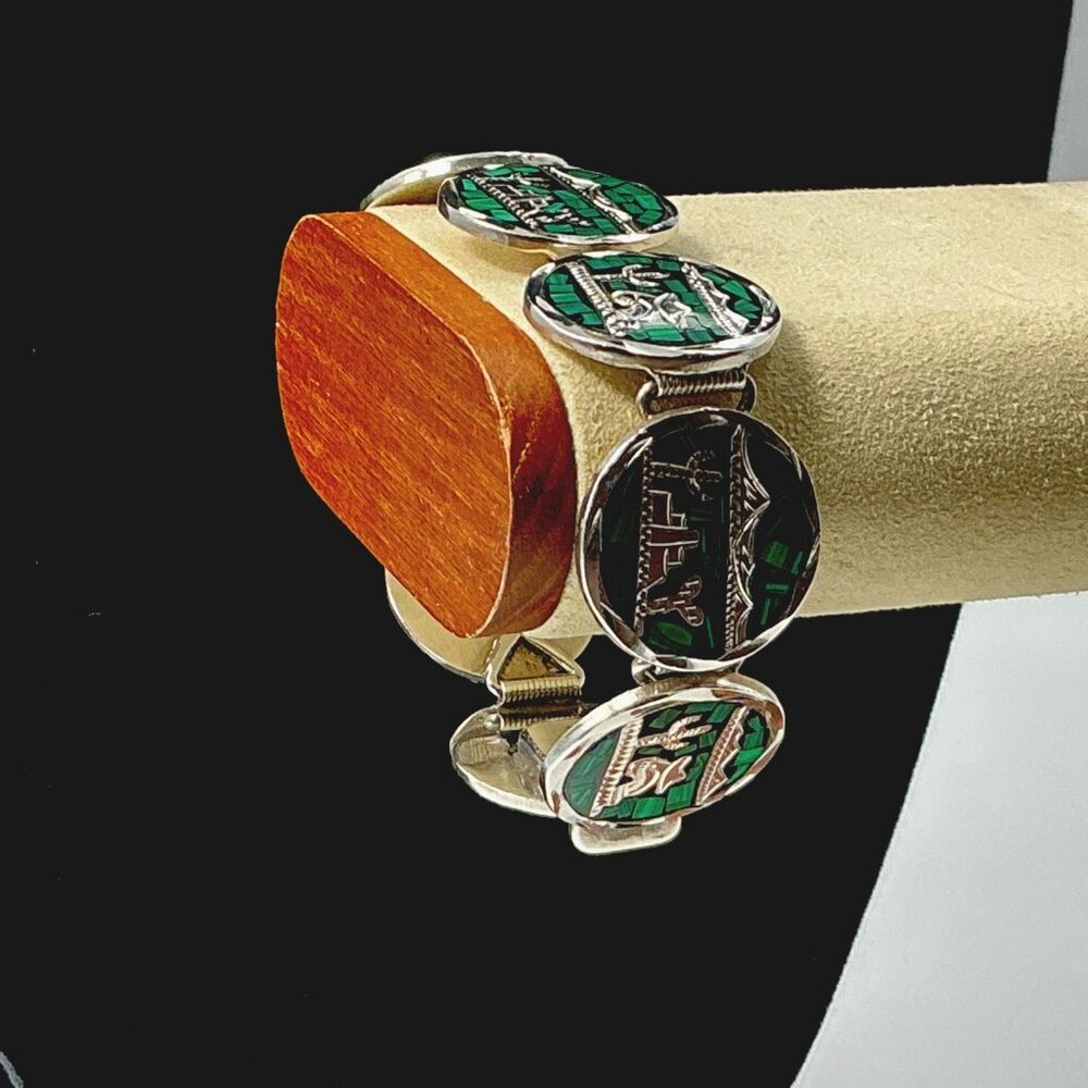 Sterling Silver Crushed Malachite Round Disc Bracelet Taxco Mexico 50.6 Grams 7” - Picture 2 of 12